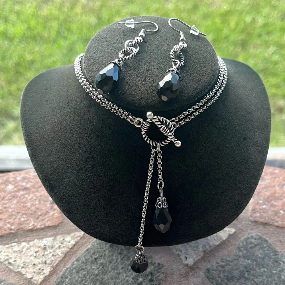 Y shape lariat double chain necklace Set black crystals ( necklace + earrings )_5